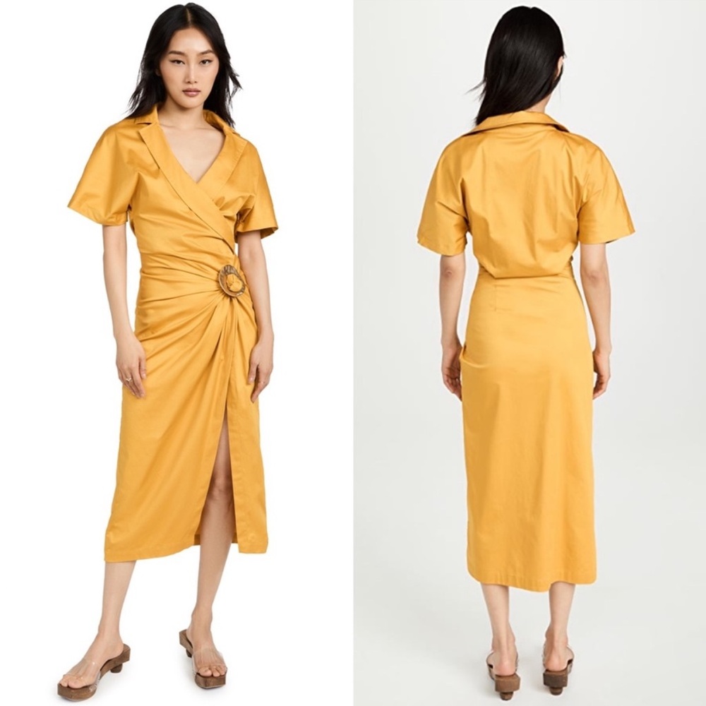 Cult Gaia Calista Short Sleeve Faux Wrap Midi Dress in Tumeric Gold Yellow‎ Sz 2